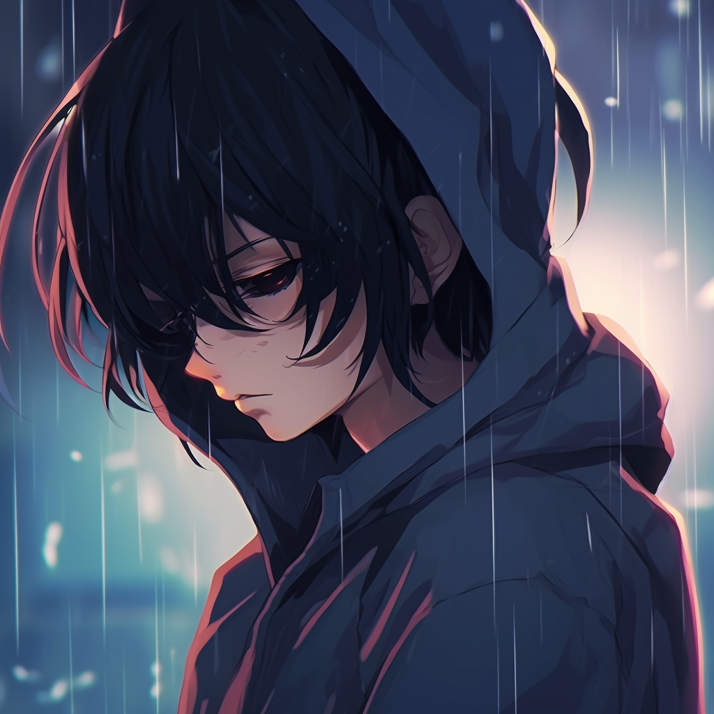 Close-up of anime boy with melancholic gaze, muted tones and deep shadows. emotive depressed pfp boys