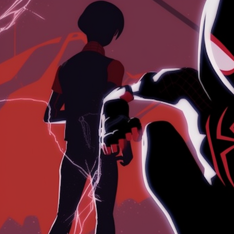 Gwen and Miles in fighting stances, silhouetted against a large spider-web. spider gwen halloween pfp pfp for discord.