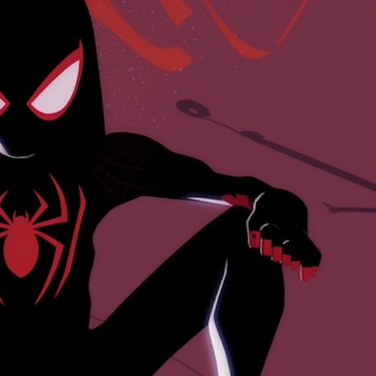 Gwen and Miles in fighting stances, silhouetted against a large spider-web. spider gwen halloween pfp pfp for discord.