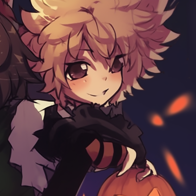 Bakugo and Kirishima in scary pumpkin-themed outfits, fiery colors with intense expressions. mha matching pfp halloween theme group suggestions pfp for discord.