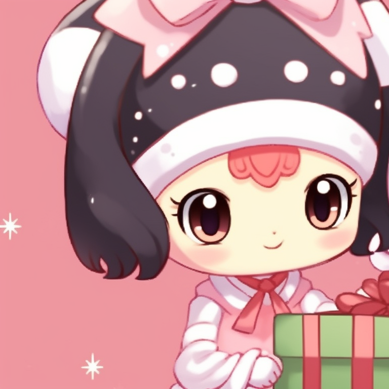 My Melody characters, vibrant colors with holiday detailing, sharing a Christmas cracker. unique matching my melody pfp for christmas pfp for discord.