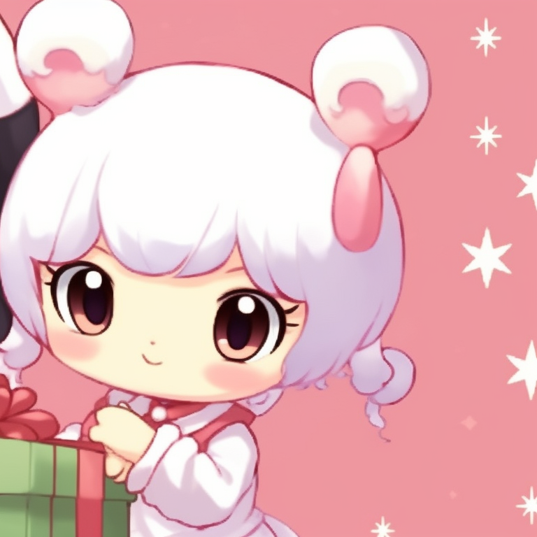 My Melody characters, vibrant colors with holiday detailing, sharing a Christmas cracker. unique matching my melody pfp for christmas pfp for discord.