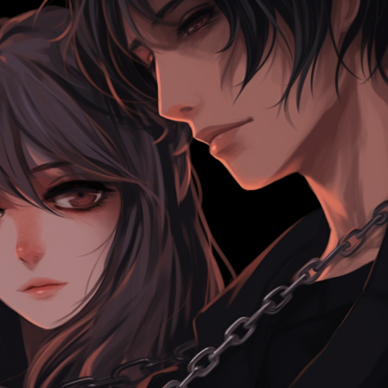 Two characters in front of an ocean horizon, sunset colors and peaceful expressions. perfect matching pfp for couples pfp for discord.