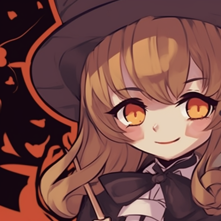 Two characters in witch costumes, eyes meeting, strong color contrasts and detailed magical elements. anime inspired thanksgiving matching pfp halloween theme pfp for discord.
