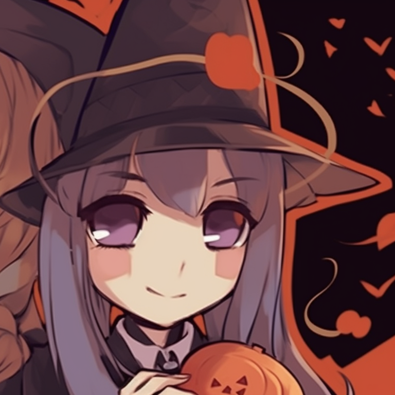 Two characters in witch costumes, eyes meeting, strong color contrasts and detailed magical elements. anime inspired thanksgiving matching pfp halloween theme pfp for discord.