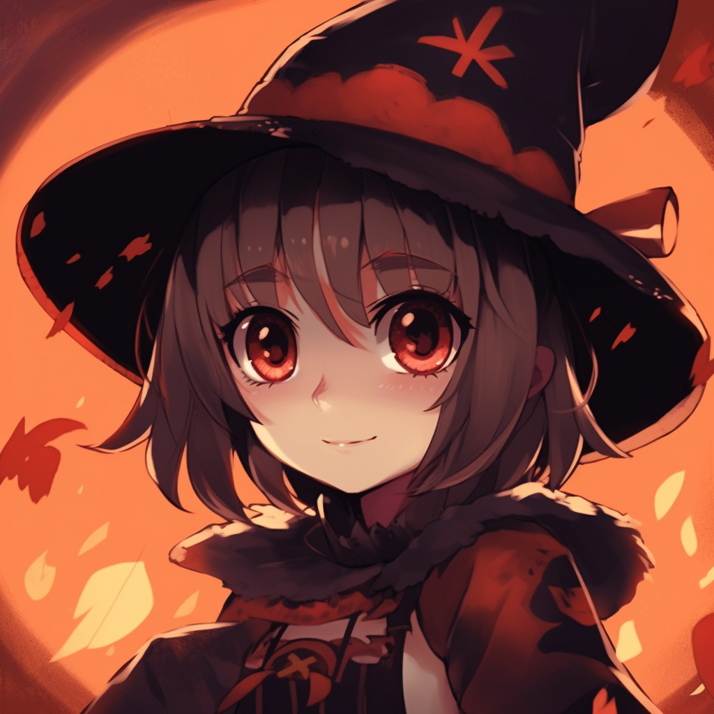 Close-up of a little anime girl in a witch costume, featuring sparkling eyes and a vibrant palette. adorable halloween anime pfp