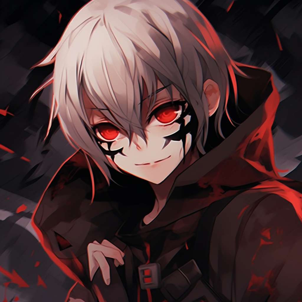 Kaneki Ken with ghoul mask and eyepatch, stark black and red contrasts. halloween pfp anime styles