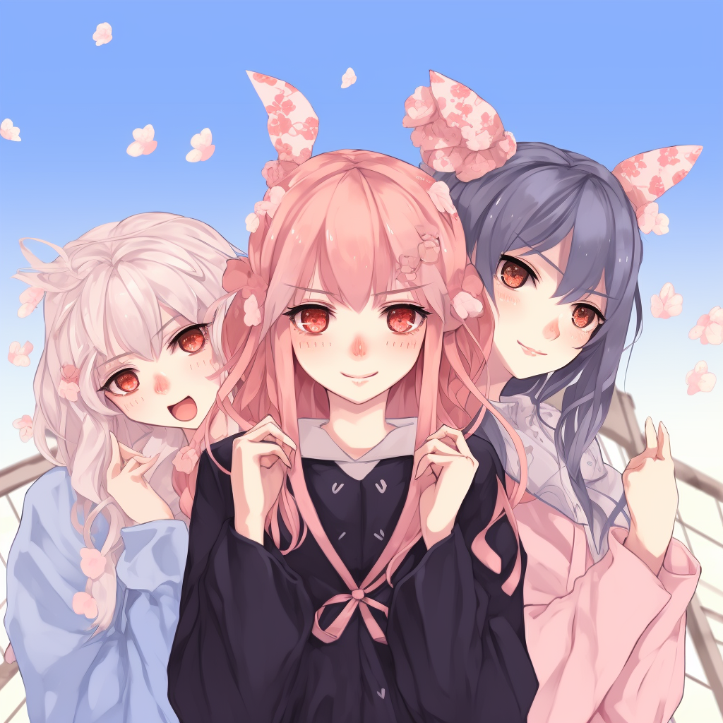 Aesthetic anime girls in springtime setting, subtle shades and dainty details. aesthetic anime trio pfp pfp for discord.