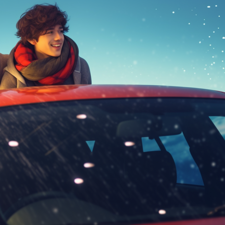 Two anime characters, expressive eyes and joyful expressions as they drive a festively decorated car amidst a flurry of snowflakes. optimized christmas car images pfp for discord.