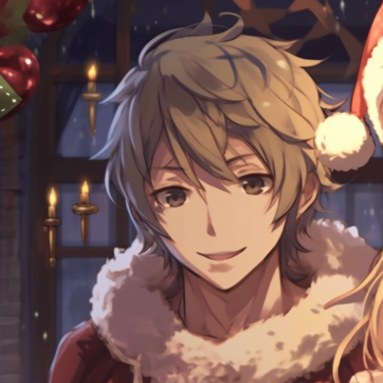 Two characters with jingle bells, expressions of joy, amidst a flurry of gift-wrappings. festive matching christmas pfp anime pfp for discord.