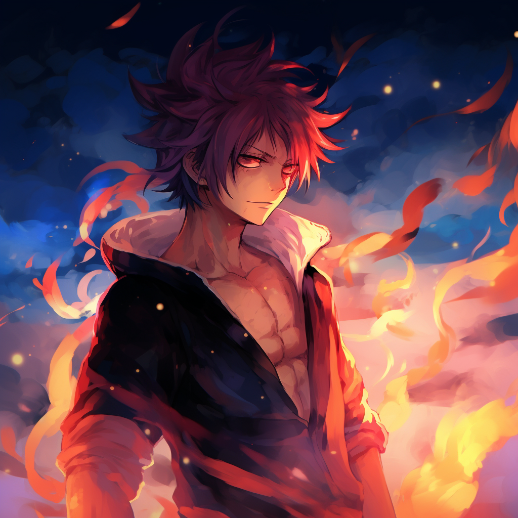 Natsu in Dragon Force, detailed character design, and radiating power. anime characters with fire powers