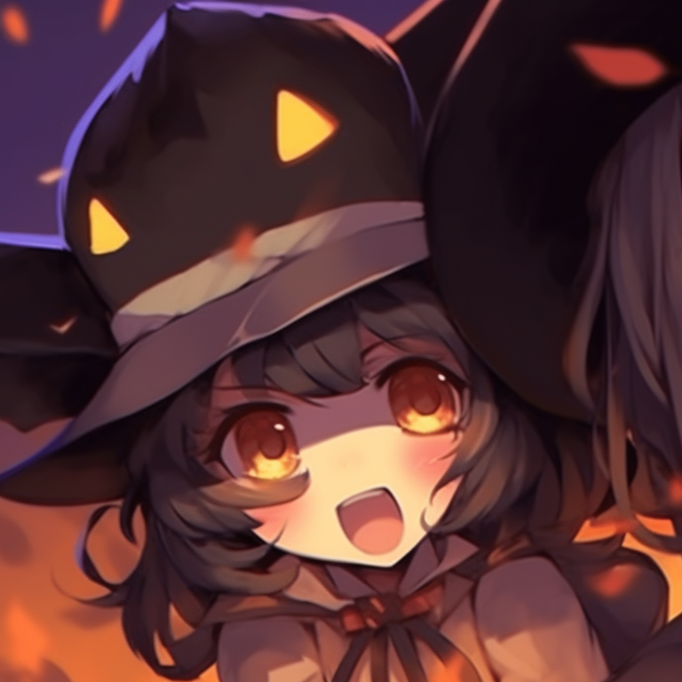 Witch-themed characters in matching outfits, playful color palette and exaggerated anime eyes, sharing a cute moment. cute halloween matching pfp with classic monsters pfp for discord.