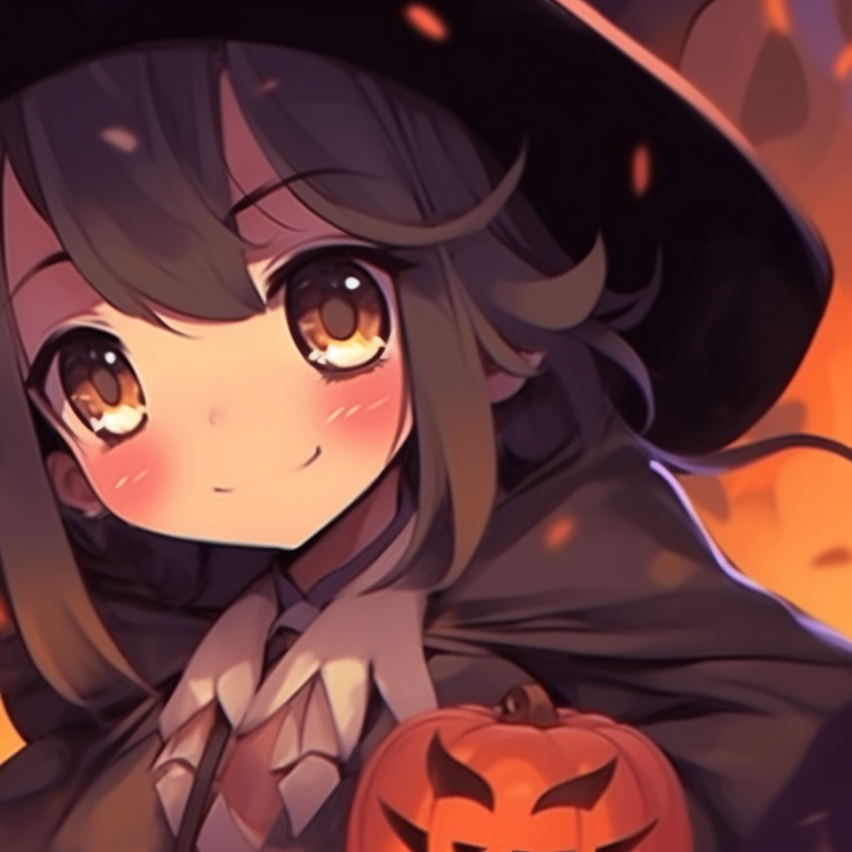 Witch-themed characters in matching outfits, playful color palette and exaggerated anime eyes, sharing a cute moment. cute halloween matching pfp with classic monsters pfp for discord.