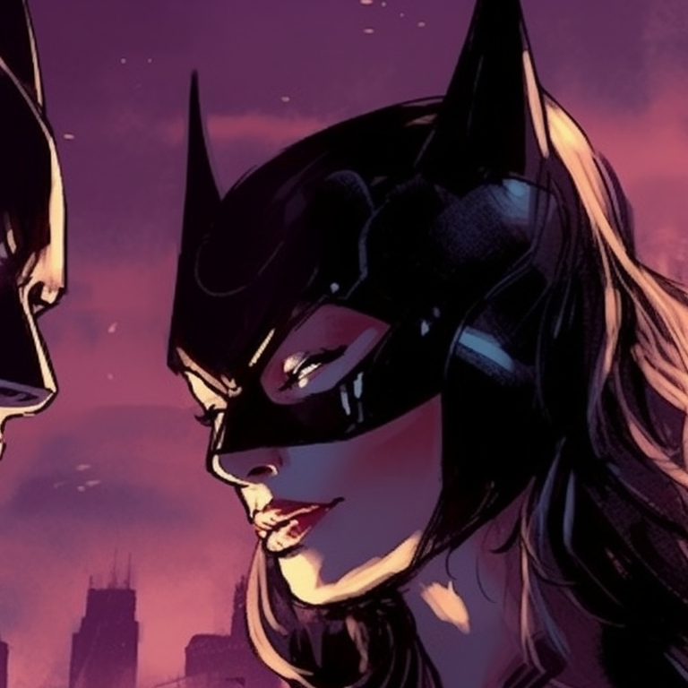 Batman and Catwoman facing each other, intricate details and thoughtful expressions. batman and catwoman theme for pfp pfp for discord.