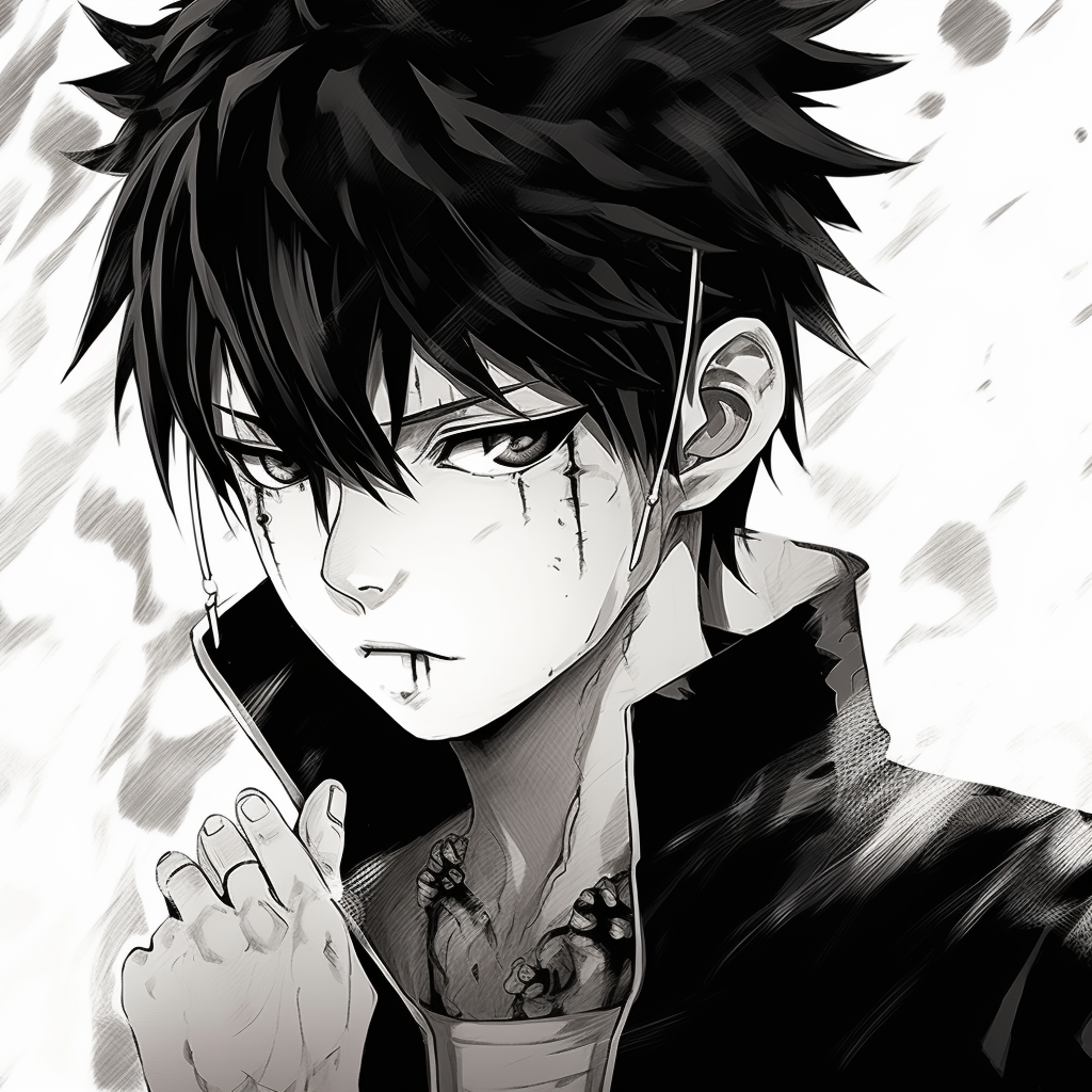 Naruto forming a shadow clone, depicted in monochrome, highlighting the dynamic motion and details of his outfit. unique black and white anime pfp