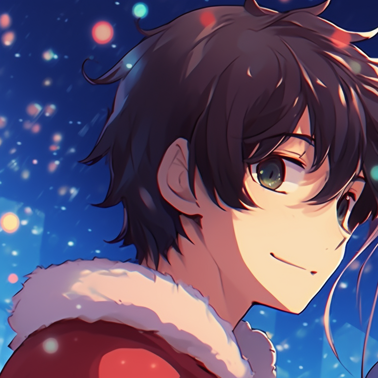 Two characters on a festive night, cool tones, soft lighting and compelling background. festive matching anime christmas pfp pfp for discord.