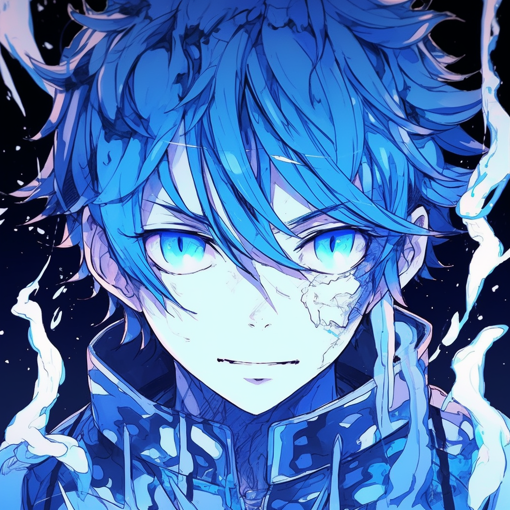 Focus on Rin Okumura's blue flames aura, abstract implication of his power and struggle. anime characters with blue pfp
