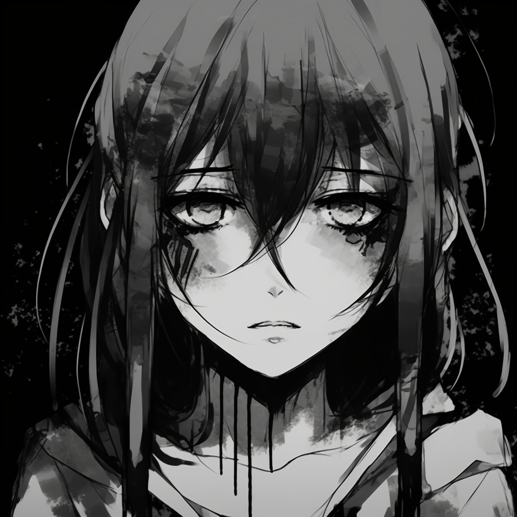 Portrait of an anime character with ink wash technique lending a grungy feel to it. grunge anime black and white pfp