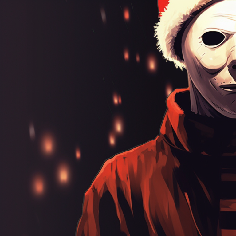 A chillingly festive portrait of Michael Myers, draped in Christmas lights with a eerie glow. festive michael myers pfp pfp for discord.