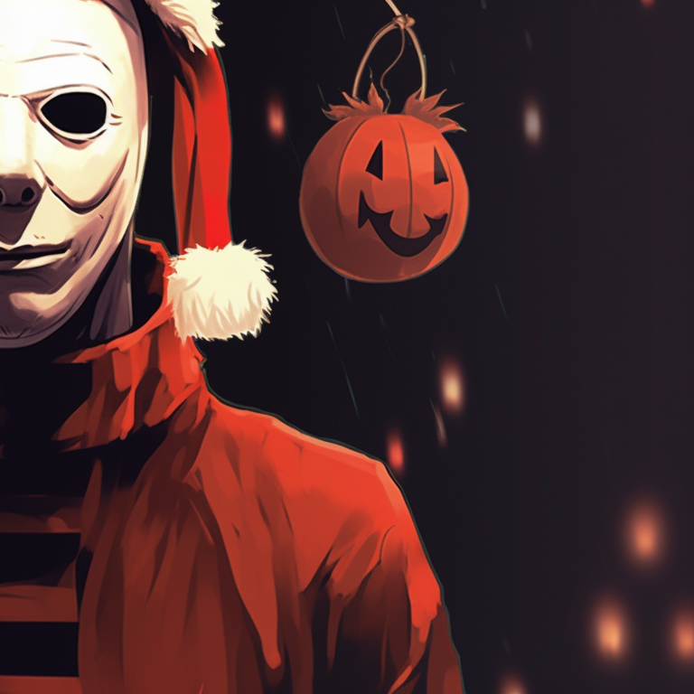 A chillingly festive portrait of Michael Myers, draped in Christmas lights with a eerie glow. festive michael myers pfp pfp for discord.