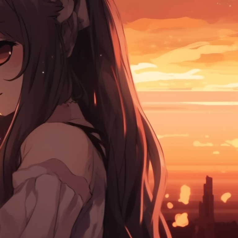 Two characters under a clear summer sky, bright and warm colors, light clothing romantic matching anime pfp pfp for discord.