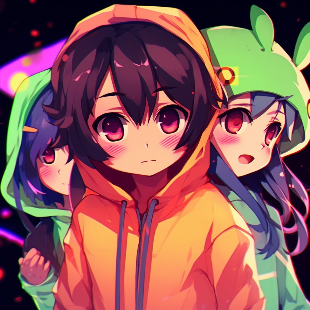 Neon and bright colors dominate this trio of chibi characters in a fun, simple style. anime 3 matching pfp aesthetics
