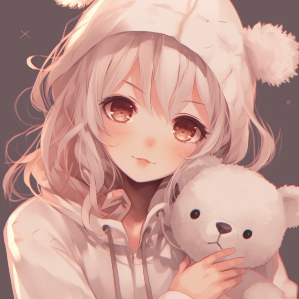 Cute anime girl cuddling a teddy bear, warm colors, and delicate linework. aesthetic anime pfp cute pfp for discord.