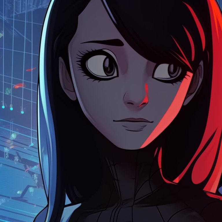 Energetic and dynamic action pose of Miles and Gwen, contrasting background colors. artistic miles and gwen matching pfp pfp for discord.