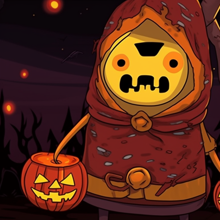Finn and Jake in Halloween outfits, bold colors and cartoon stylization, standing proudly. adventure time pfp in halloween atmosphere pfp for discord.