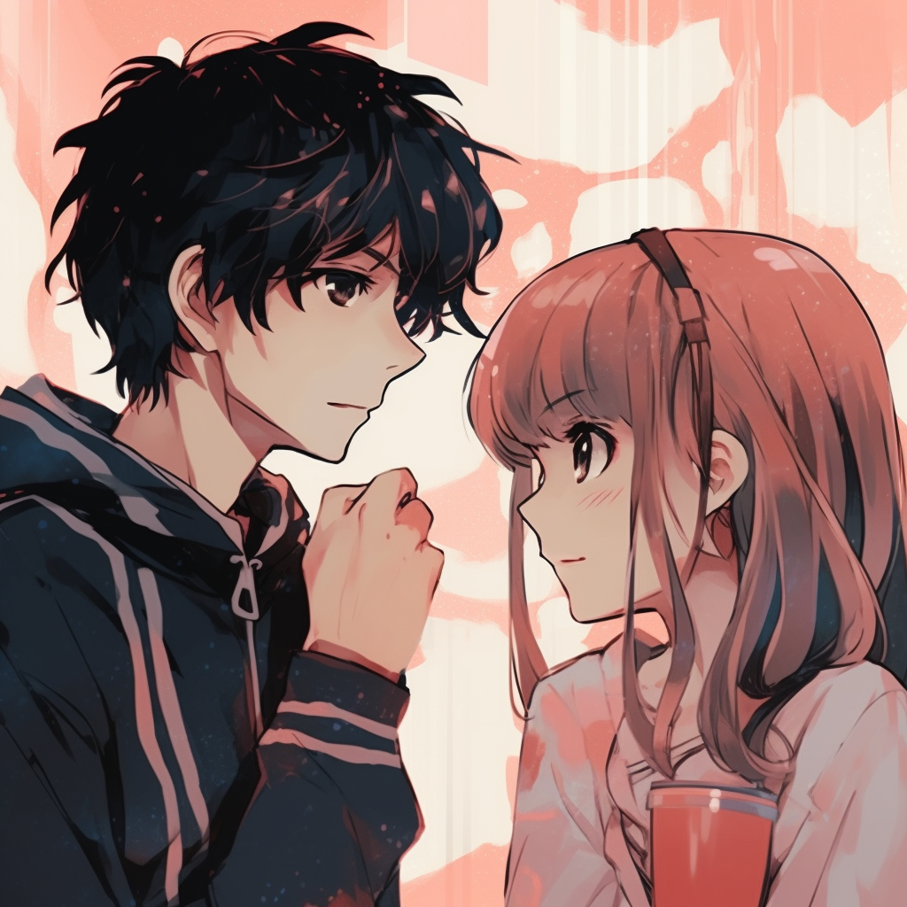 Two anime lovers illustrated side by side but each encased in their individual frames, showcasing emotion with soft pastel shading. apart yet together: unique matching anime pfp for long-distance couples
