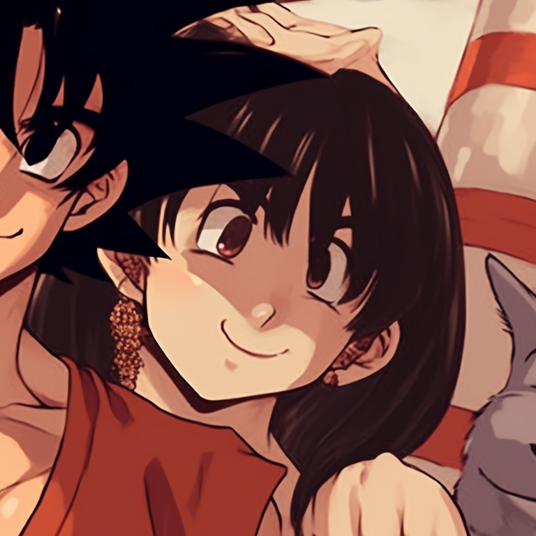 Goku and Chichi in matching martial arts attire, natural colors and clear details. goku and chichi love moments pfp for discord.