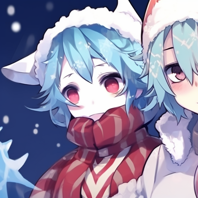 Two characters in soft shades of blue and white, matching masks and puffy winter attire. matching mask christmas pfp outfit ideas pfp for discord.