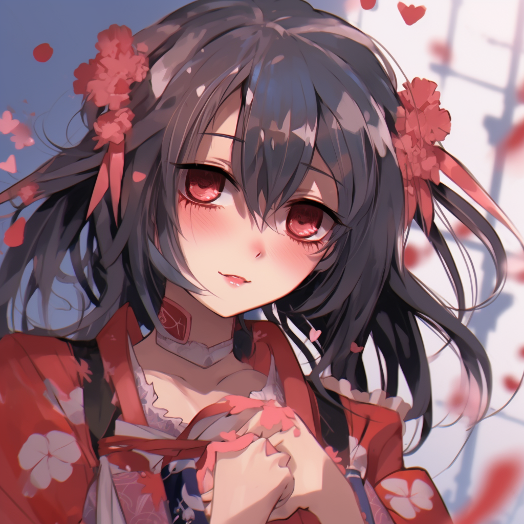 An anime girl in a detailed Kimono with cherry blossom design and subtle colors. anime pfp style anime pfp