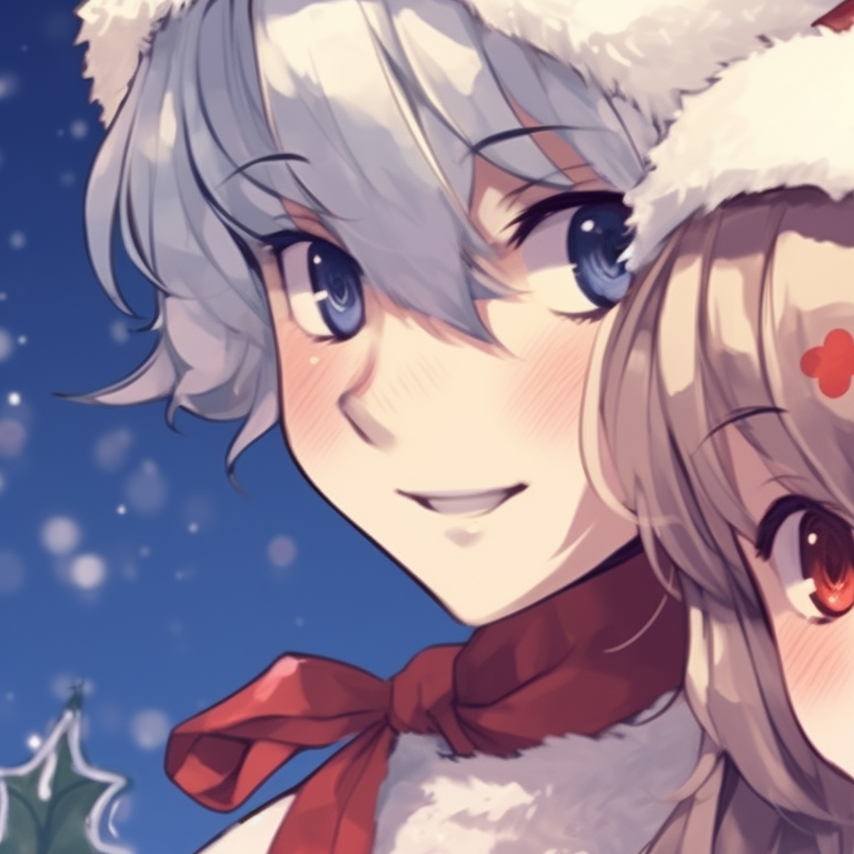 Two characters in the process of exchanging gifts, warm colors, and detailed wrapping paper art. lovable matching christmas anime pfp boy and girl pfp for discord.