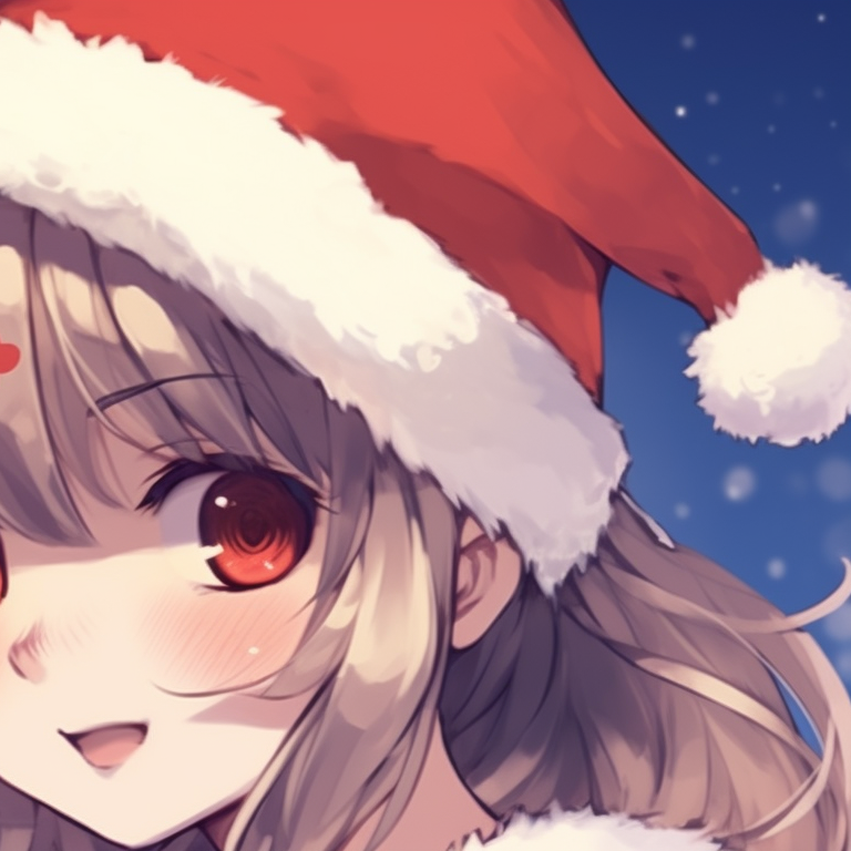 Two characters in the process of exchanging gifts, warm colors, and detailed wrapping paper art. lovable matching christmas anime pfp boy and girl pfp for discord.