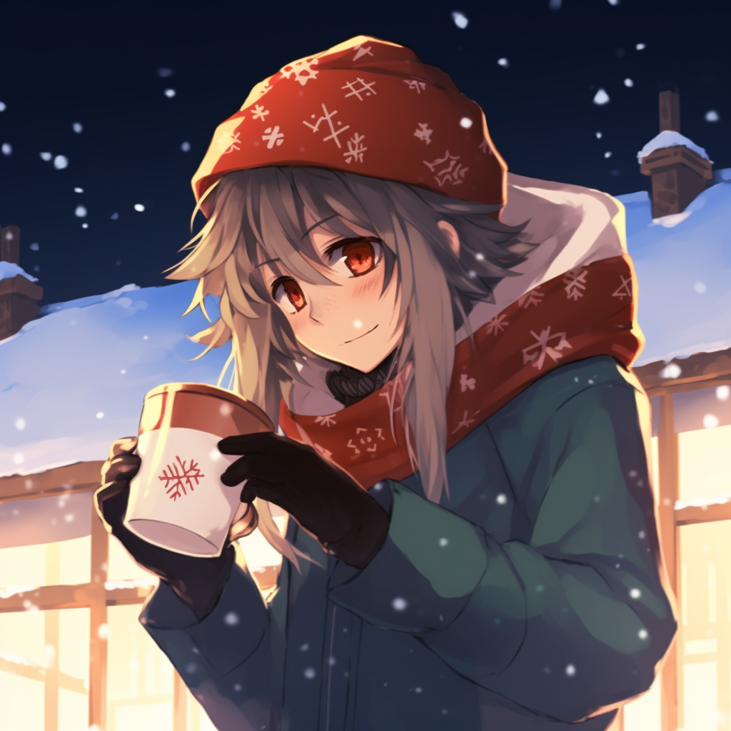 Romantic anime couple under the mistletoe, subtle blush on their faces, rich detailing and romantic atmosphere. couple based anime christmas pfp