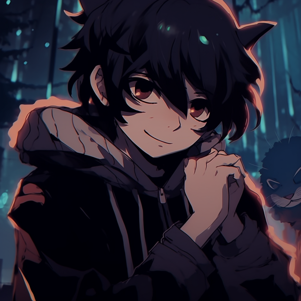 Anime boy with a cat, neon city lights in the background, sharp contrast between shadows and light. cool aesthetic anime pfp pfp for discord.