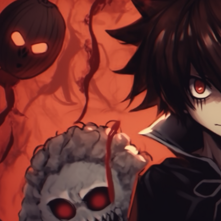 Two characters, one baring menacing, hallows eve grin, the other maintaining enigmatic expression, a bat-winged moon casting eerie illumination. death note matching pfp halloween theme: spooky edition pfp for discord.