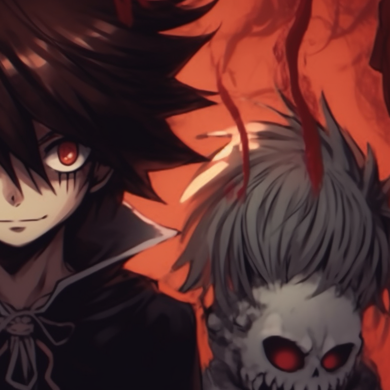 Two characters, one baring menacing, hallows eve grin, the other maintaining enigmatic expression, a bat-winged moon casting eerie illumination. death note matching pfp halloween theme: spooky edition pfp for discord.