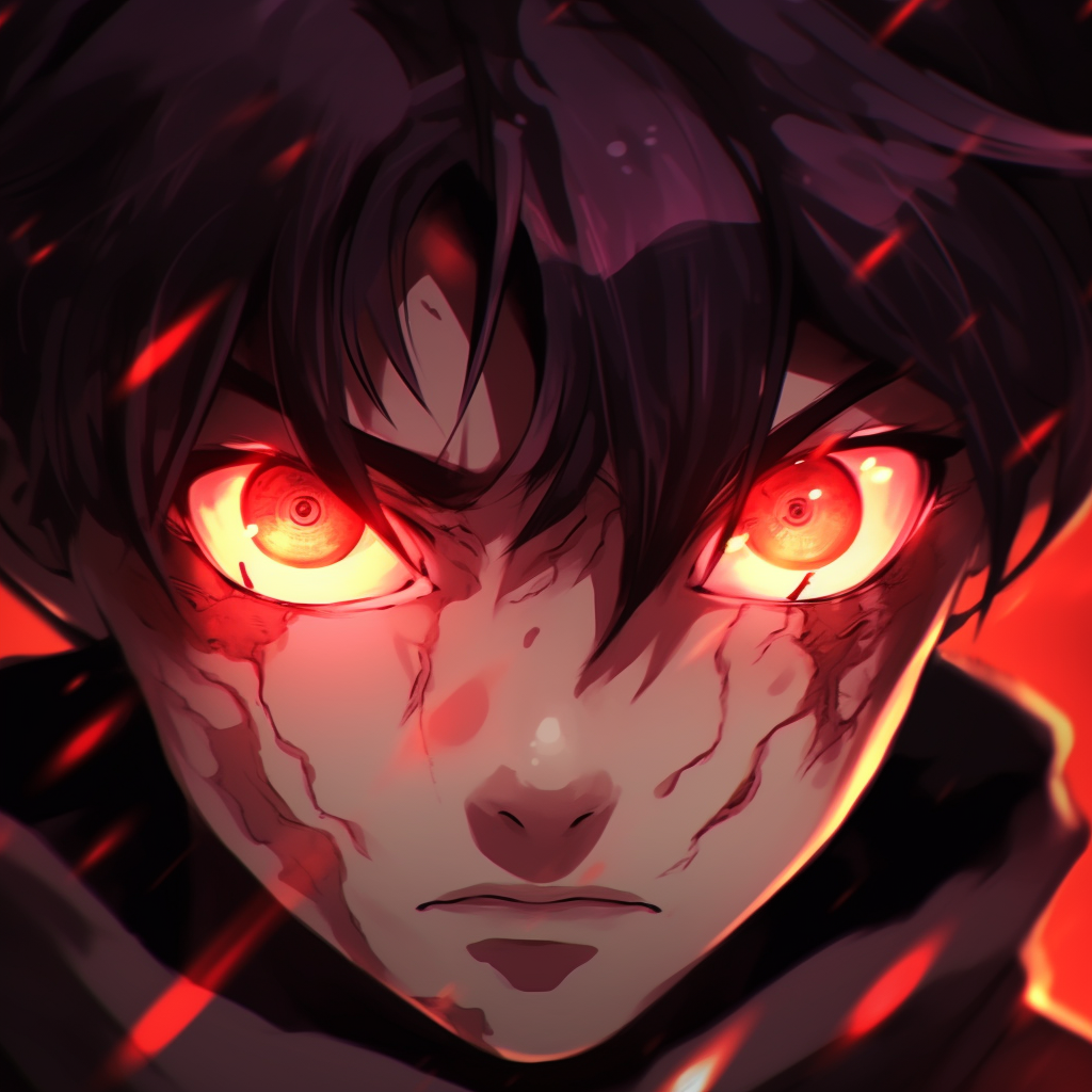 Image of an anime boy with fiery red eyes, with emphasis on reflective light and bright, warm color palette unique anime eyes pfp boy drawings