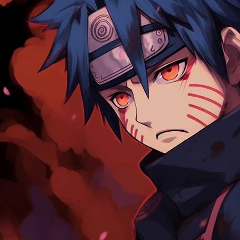 Naruto and Sasuke, detailed depiction of their Sharingan and Rinnegan, set against a dark Halloween theme. sharingan and rinnegan naruto, sasuke halloween pfp pfp for discord.
