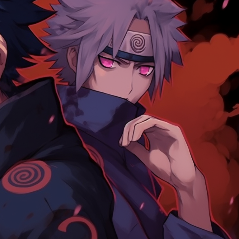 Naruto and Sasuke, detailed depiction of their Sharingan and Rinnegan, set against a dark Halloween theme. sharingan and rinnegan naruto, sasuke halloween pfp pfp for discord.