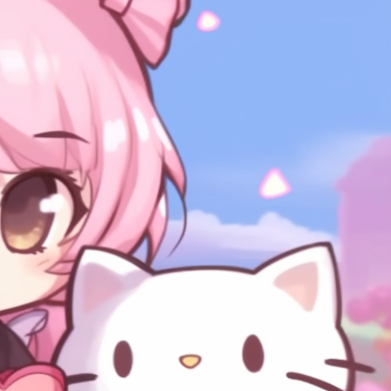 Kitty and fellow character under a star-studded sky, vibrant palette with a magical aura. hello kitty and anime characters matching pfp pfp for discord.