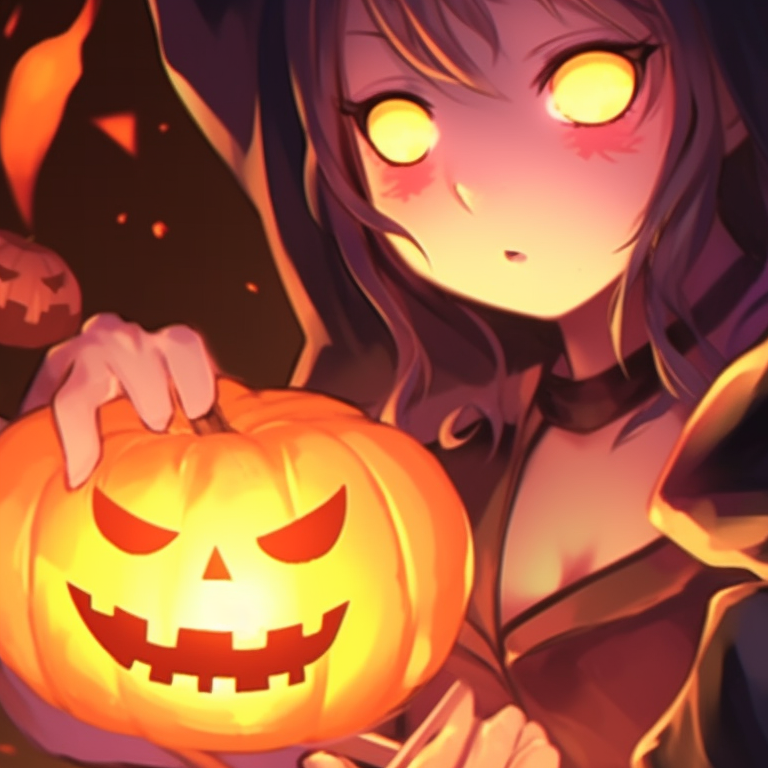 Two characters wearing jack-o'-lantern masks, comic style elements, full of light-hearted mischief. anime halloween pfp matching concepts pfp for discord.