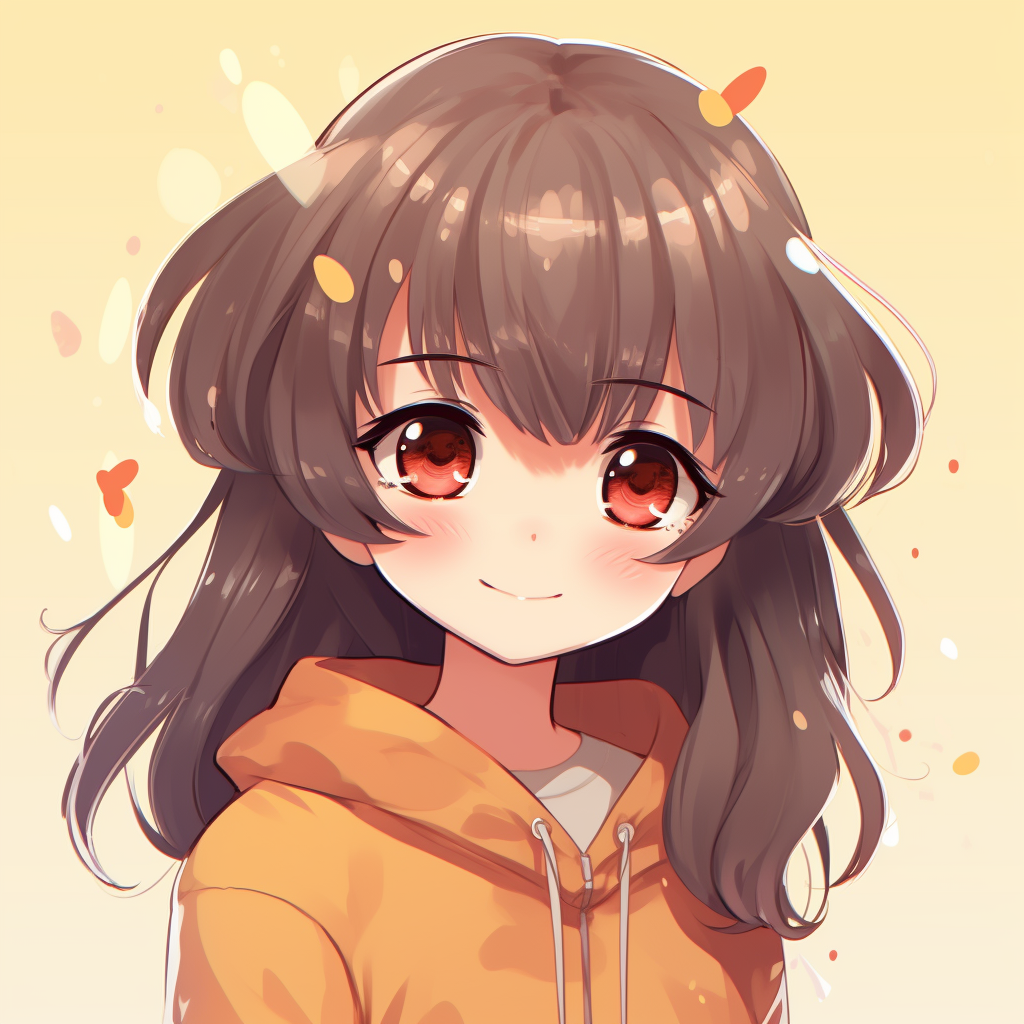 Chibi-style anime girl, smiling brightly with warm colors. cute pfp anime for all