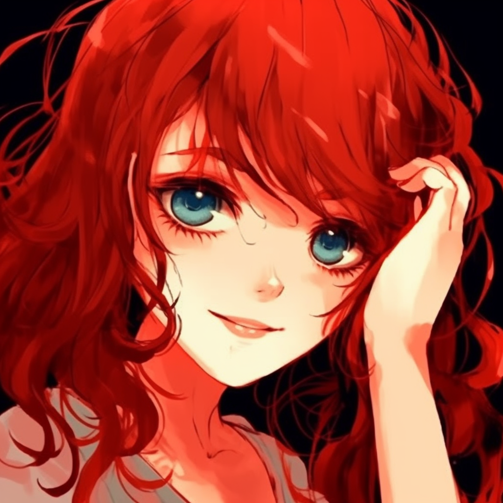 Close-up of a red-haired anime girl, showcasing crystal clear blue eyes with high contrast. adorable red anime pfp