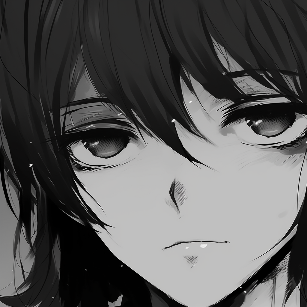 Close up of an anime character's face with a peaceful expression, drawn using detailed lines and soft shadings. aesthetic anime profile picture black and white
