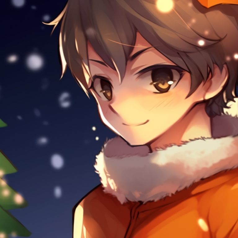 Two characters gazing at each other, illuminated by the soft glow of a Christmas lantern, with orange hues and festive accents. orange christmas pfp variations pfp for discord.