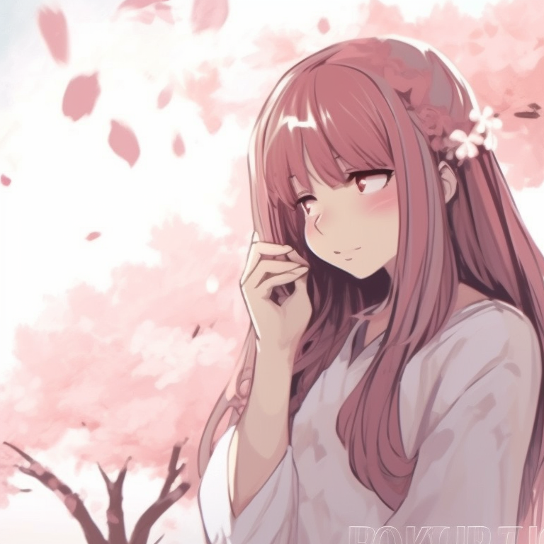 Two characters under a cherry blossom tree, soft pink tones and flowing clothes, looking at each other. trending anime pfp matching designs pfp for discord.