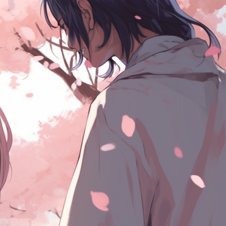 Two characters under a cherry blossom tree, soft pink tones and flowing clothes, looking at each other. trending anime pfp matching designs pfp for discord.
